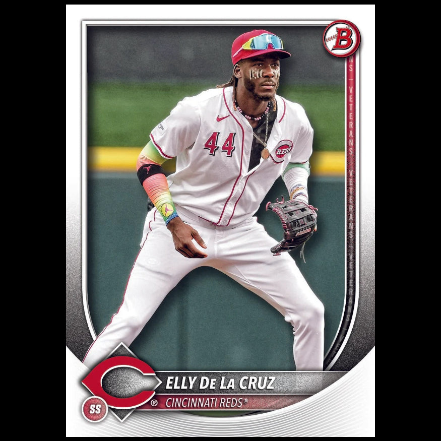 Baseball player in a white uniform with colorful accents on a sports card.