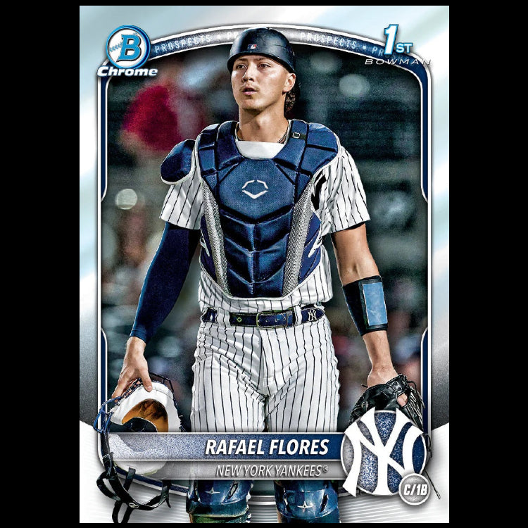 Baseball trading card of Rafael Flores in catcher's gear with New York Yankees logo.