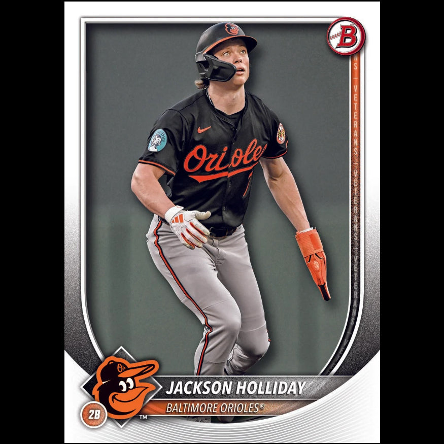 Baseball trading card of Jackson Holliday in Baltimore Orioles uniform