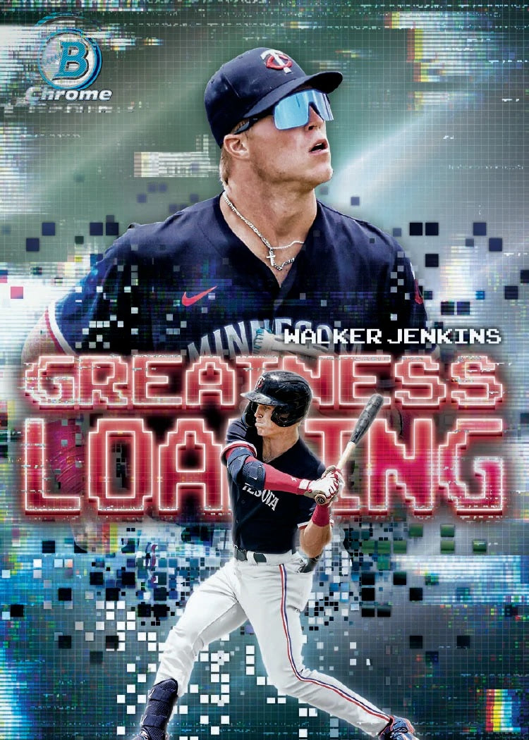 Baseball player in action with digital effects and text overlay on a colorful background