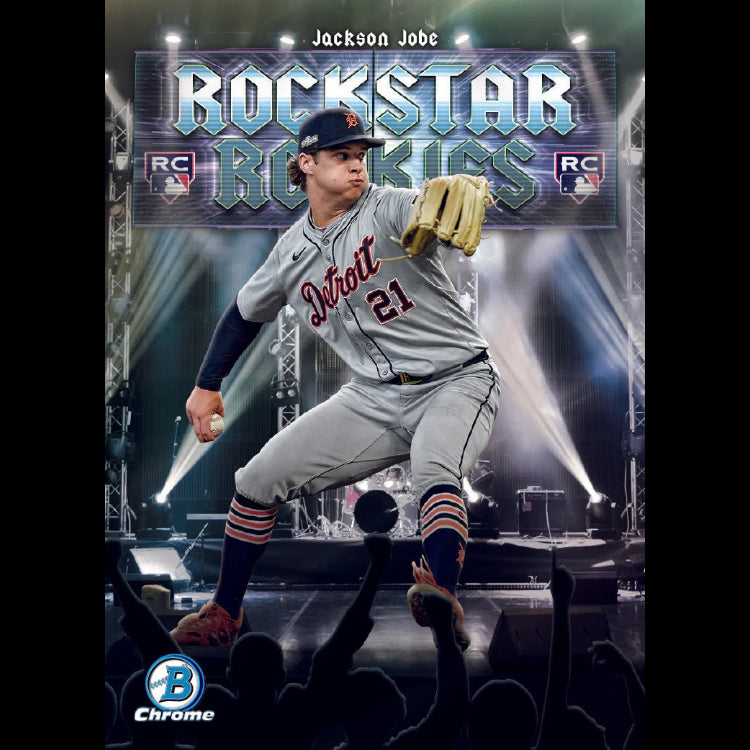 Baseball player in a gray uniform with 'Detroit' and number '21' on a stage with 'Rockstar Rockies' branding.