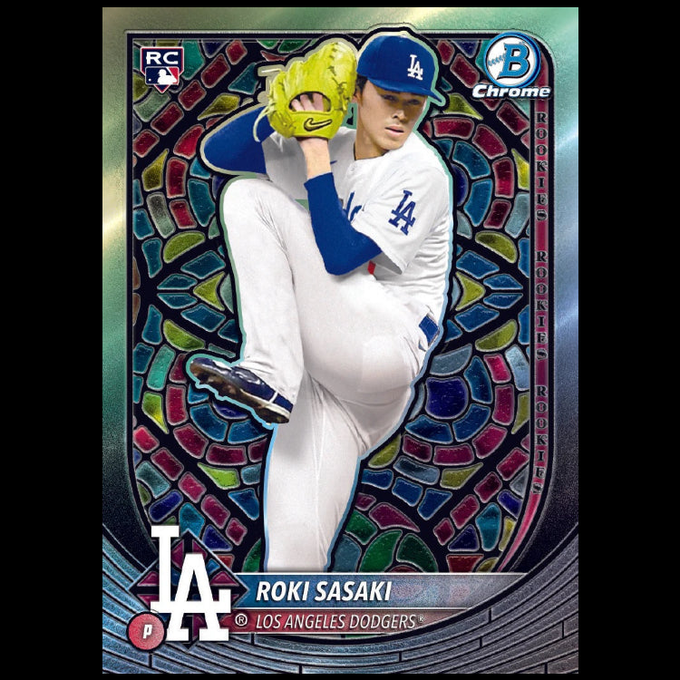 Baseball trading card of Roki Sasaki from the Los Angeles Dodgers with colorful border