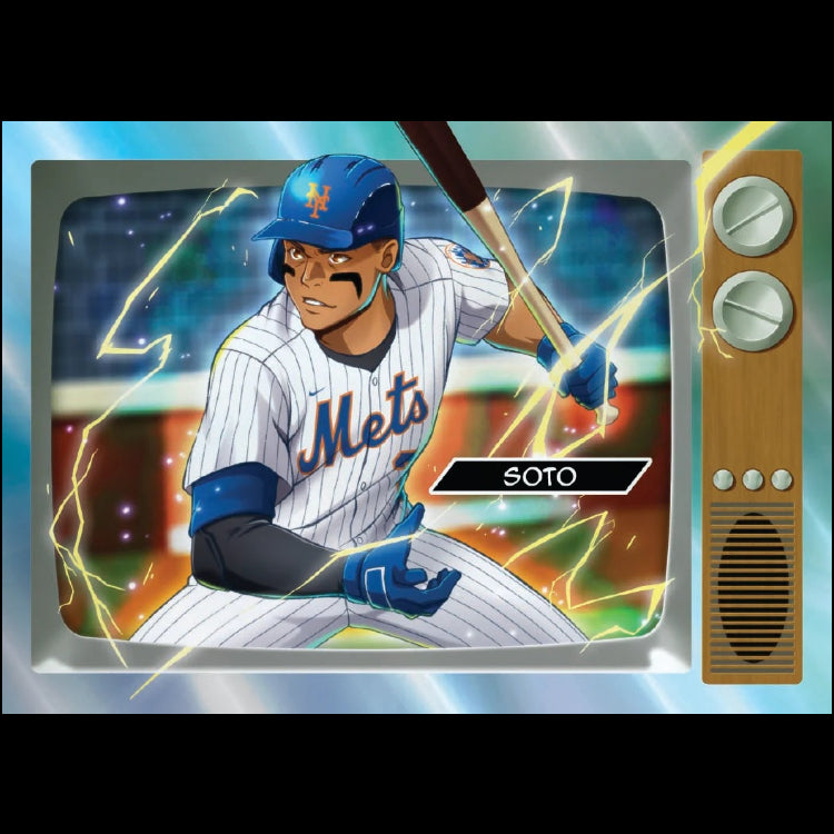 Vintage-style television displaying a baseball player in a Mets uniform with a bat, surrounded by dynamic lighting effects.