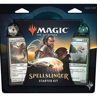 Magic: The Gathering Spellslinger Starter Kit packaging with cards and dice.