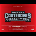 Panini Contenders Football 2024 trading card packaging on a red background