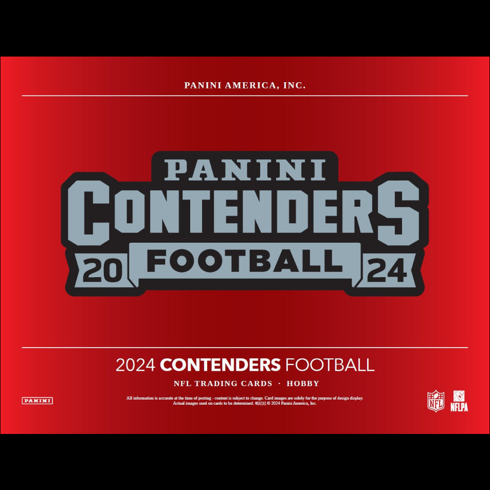 Panini Contenders Football 2024 trading card packaging on a red background