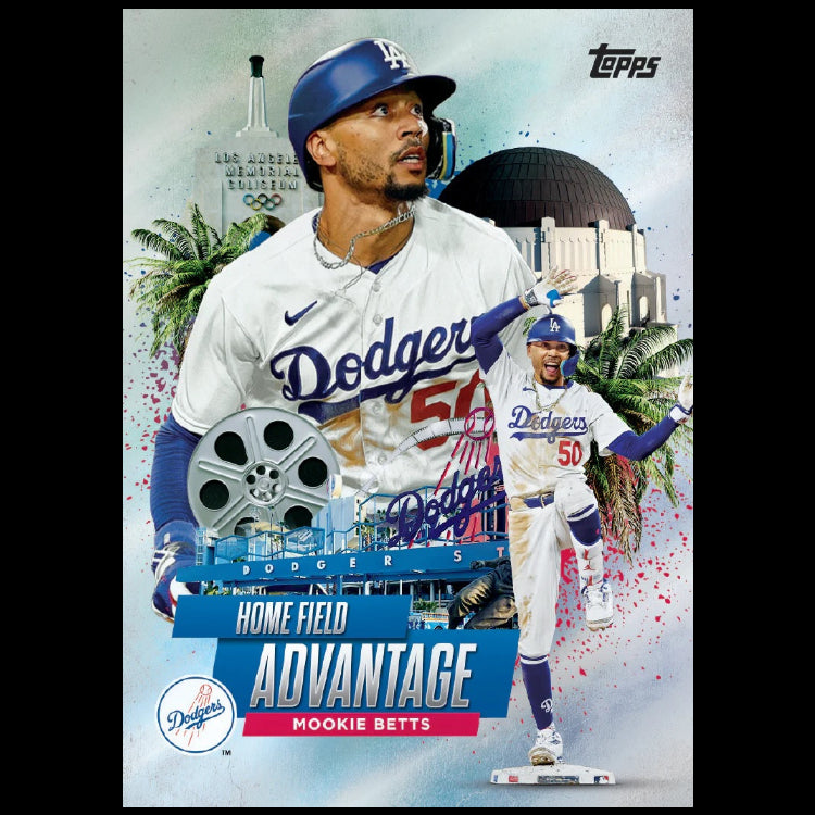 Baseball player in Los Angeles Dodgers uniform with stadium and palm trees in the background
