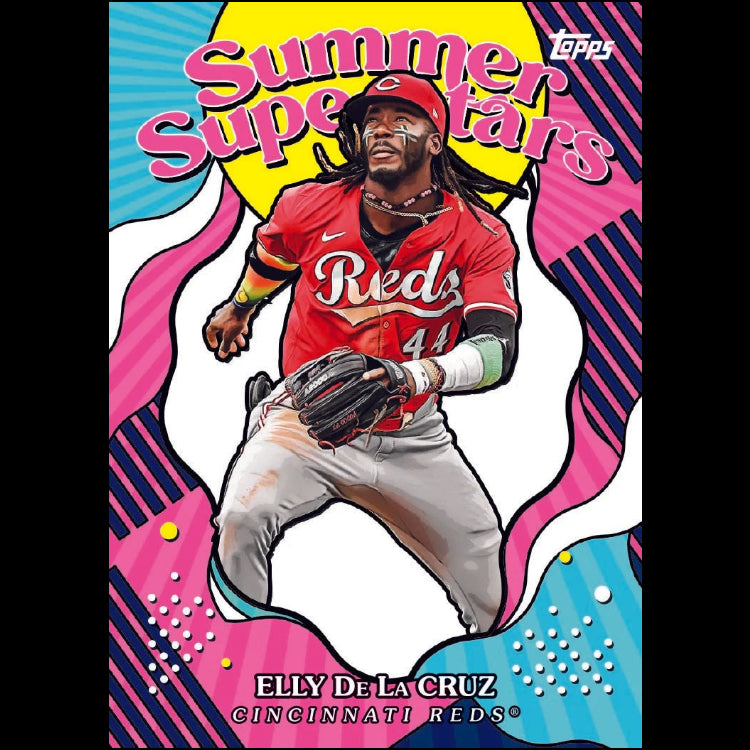 Baseball card of Elly De La Cruz from the Cincinnati Reds with colorful border and 'Summer Superstars' text.