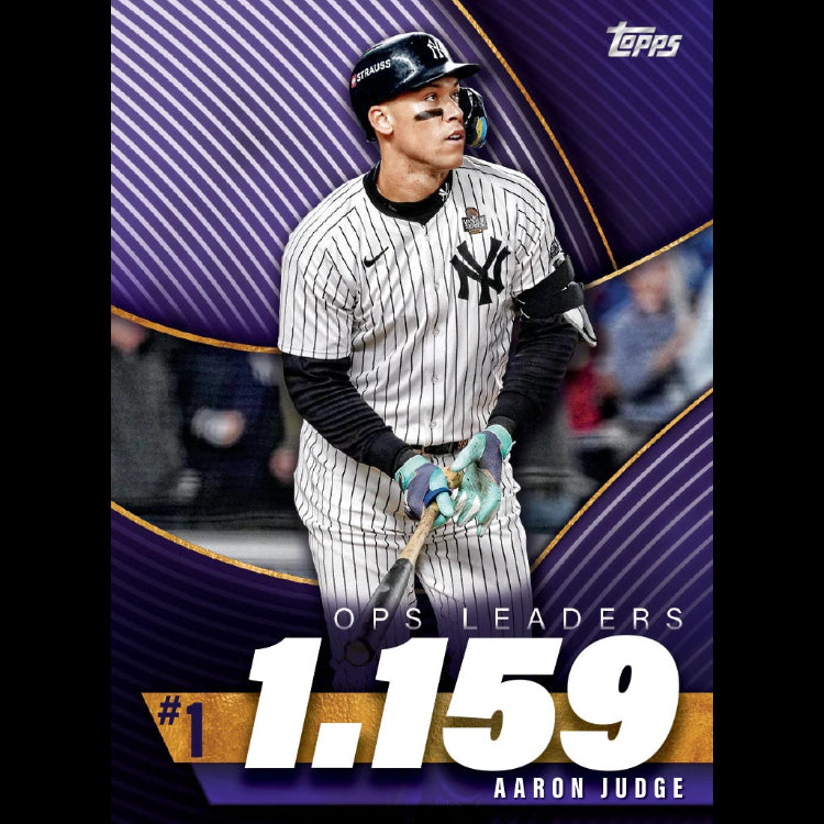 Baseball trading card of Aaron Judge with a purple and gold border, featuring the Topps logo.