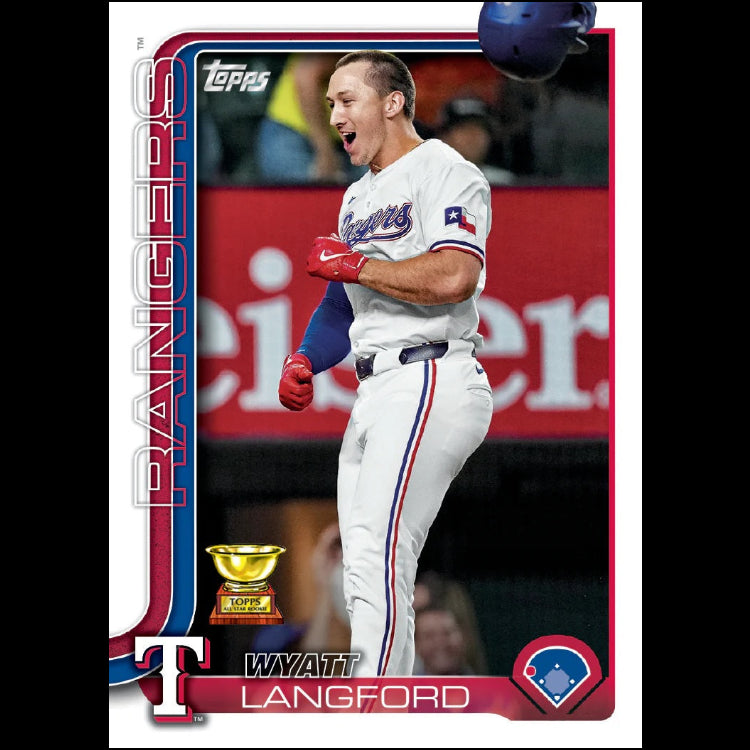 Baseball trading card of Wyatt Langford in a Texas Rangers uniform with a Topps logo.