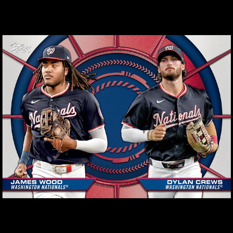 Two baseball players from the Washington Nationals standing side by side with a team logo in the background.