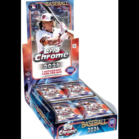 Topps Chrome 2024 baseball trading card pack display on a white background