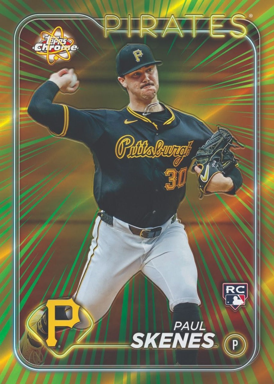Baseball trading card of Paul Skenes with colorful border and 'Pirates' branding.