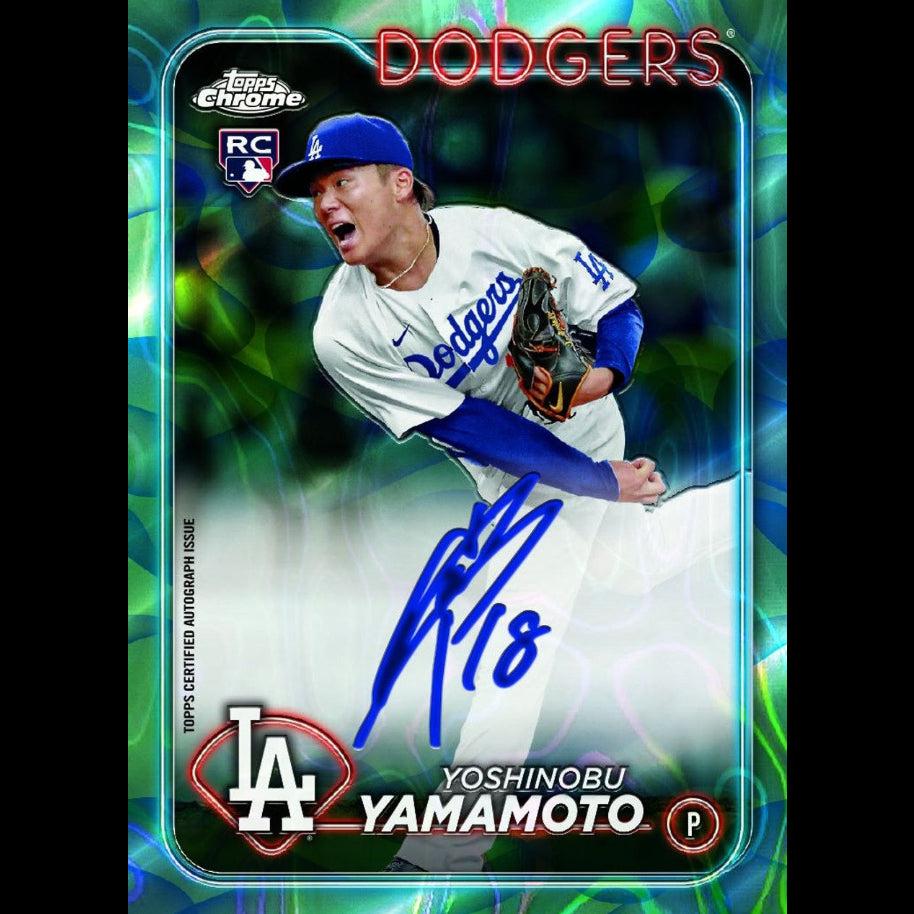 Baseball trading card of Yoshinobu Yamamoto with Los Angeles Dodgers logo and autograph.