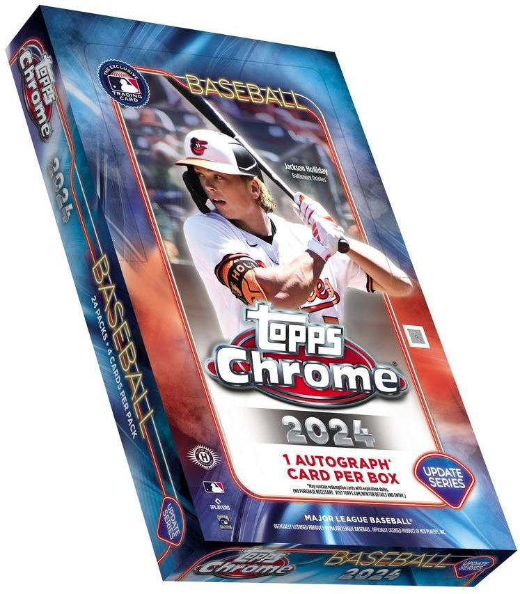 Topps Chrome 2024 baseball trading card packaging with a player on the cover.