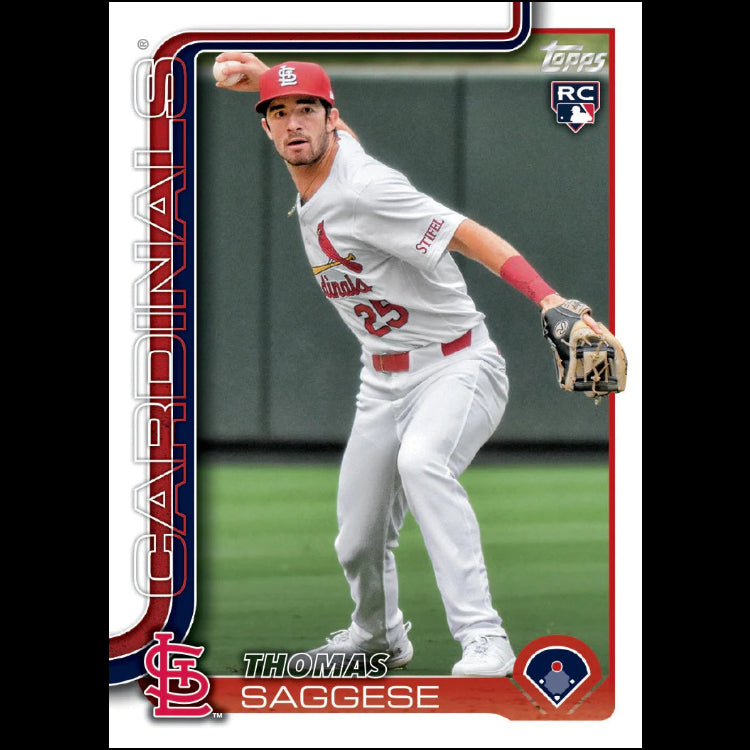 Baseball trading card of a player in a white uniform with red accents, pitching.