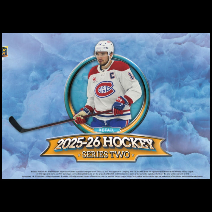 Hockey trading card with player image and '2025-26 Hockey Series Two' text on a blue ice background.