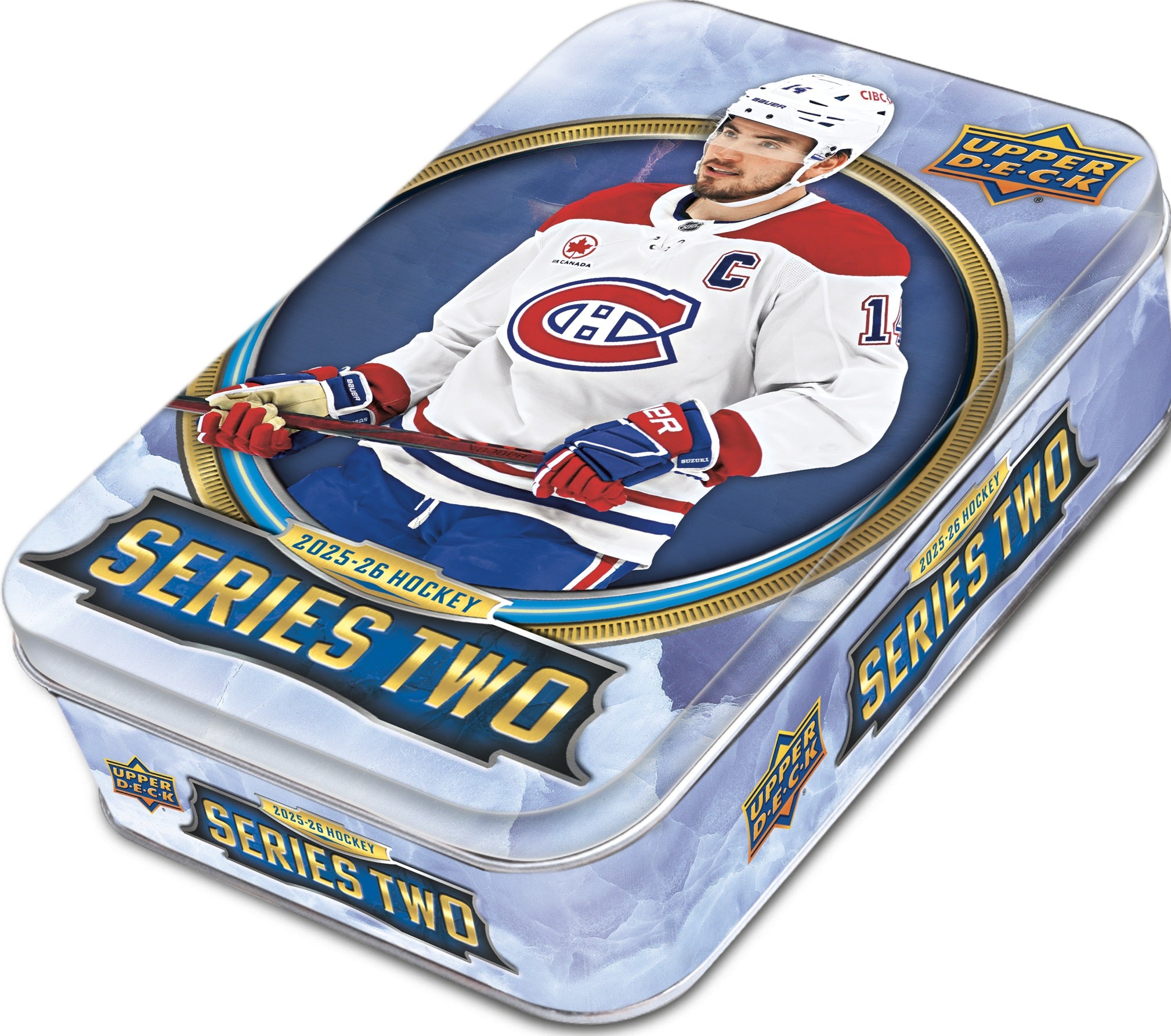Hockey trading card tin featuring a player in a Montreal Canadiens jersey with 'Series Two' branding.